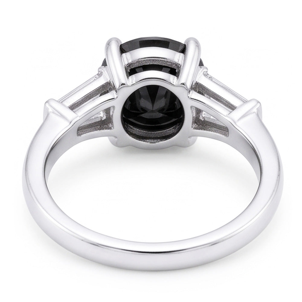 Dreistein-Ring mit natürlichem schwarzem Diamanten, 3,6 Karat, echter Rund- und Baguetteschliff, 14 Karat Weißgold