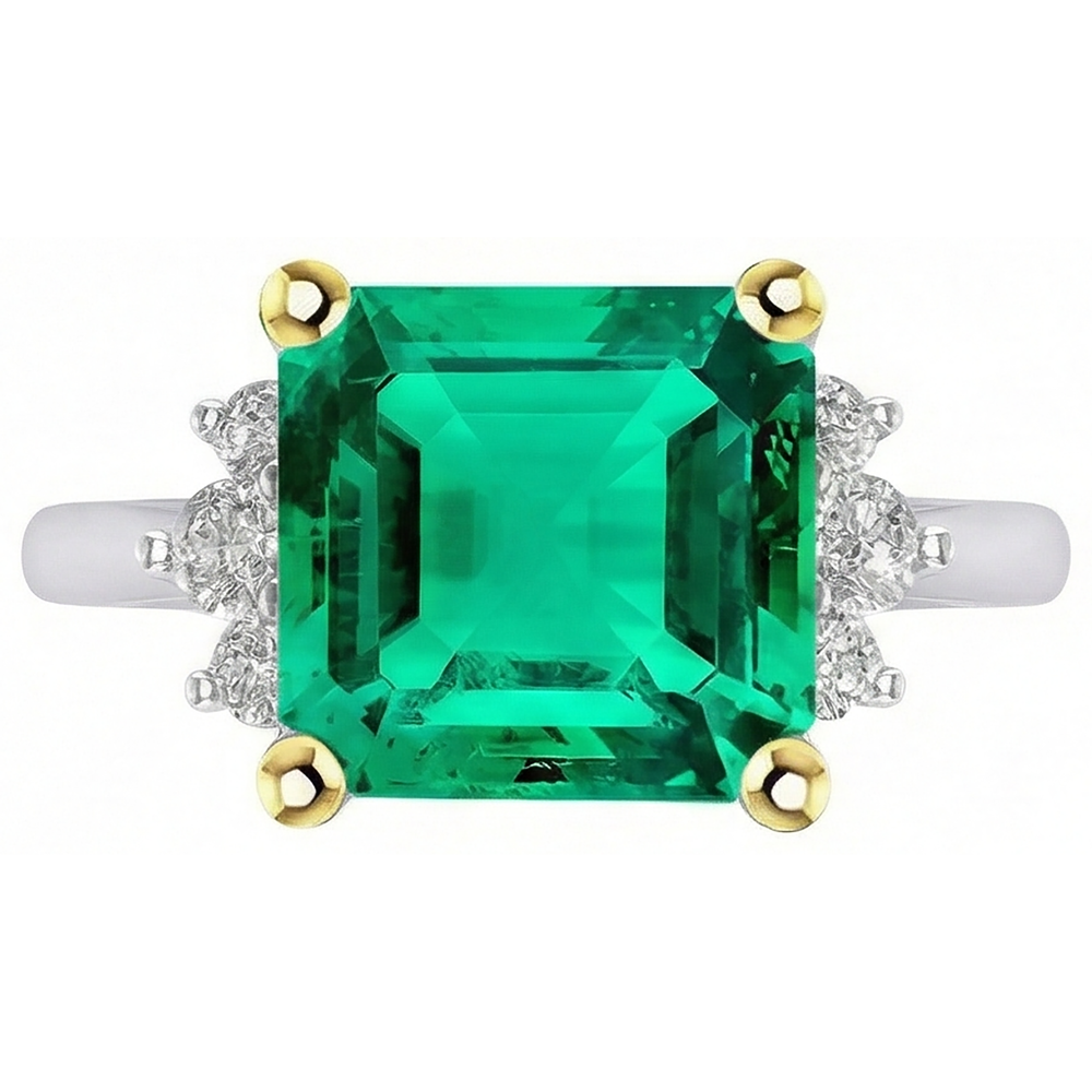 Edler Smaragd Asscher Farbstein-Ring in Bicolor 14K Gold – Schrägansicht