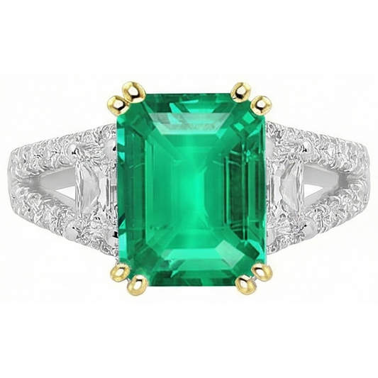 Smaragd Treppen-Schliff Edelstein-Ring in Zweifarbiges 14K Gold – Frontansicht