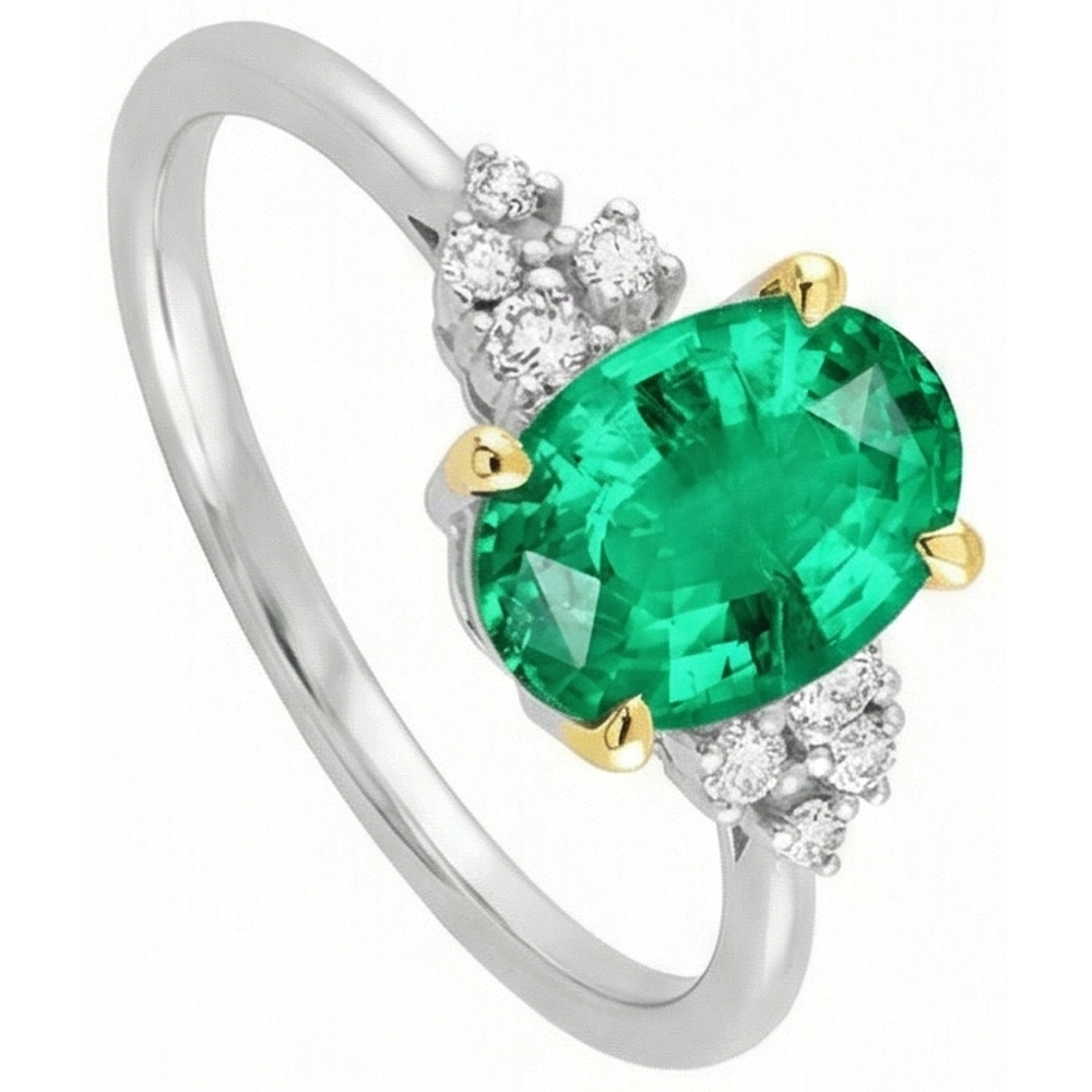 Oval-Schliff Smaragd Ring in Bicolor 14K Gold – Schrägansicht