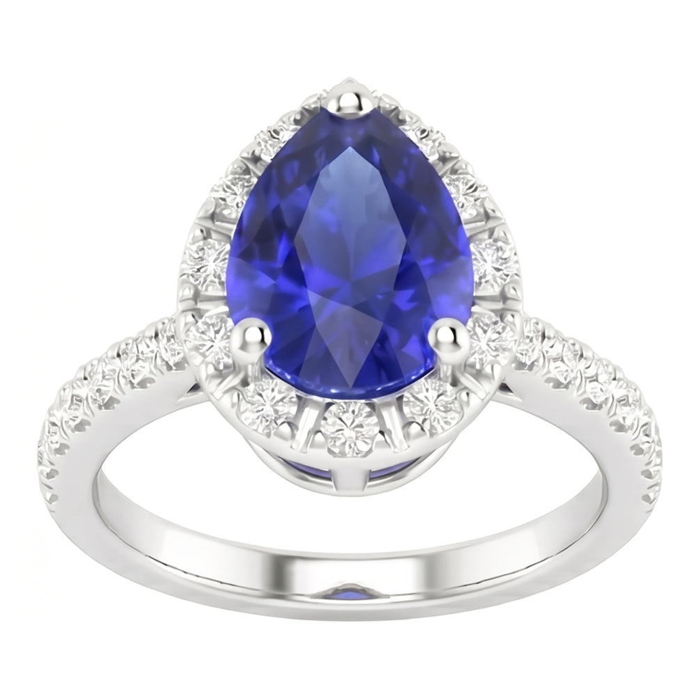 Kornblumenblauer Saphir Tropfen-Schliff Farbstein-Ring in 14K Weißgold – Seitenansicht