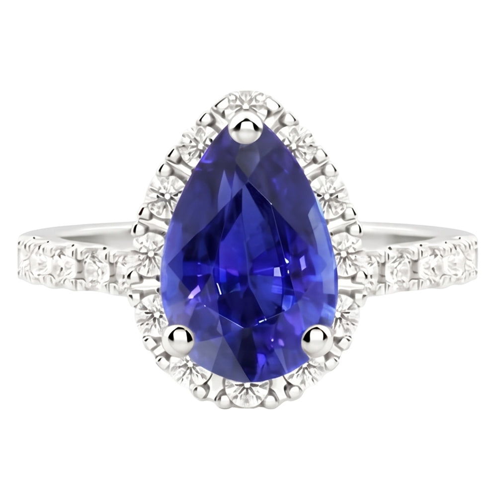 Tropfen-Schliff Kornblumenblauer Saphir Ring in 14K Weißgold – Schrägansicht