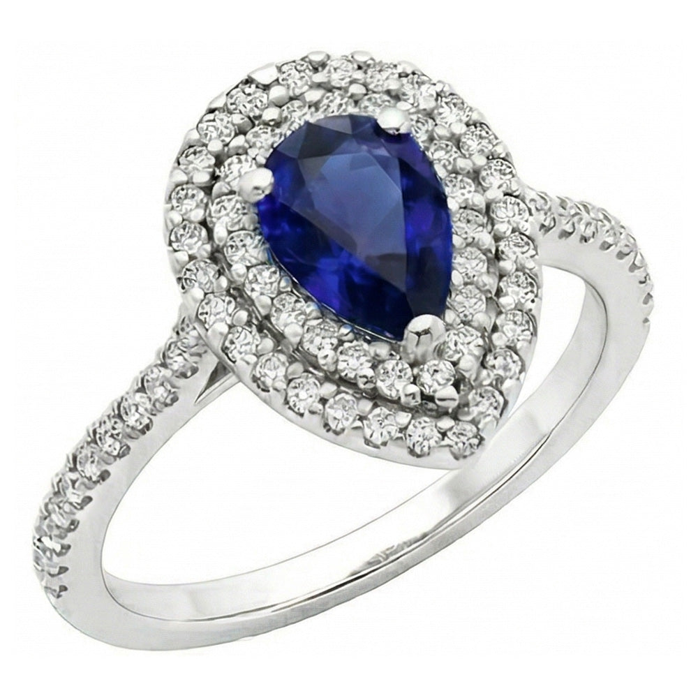 Royalblauer Saphir Tropfen-Schliff Edelstein-Ring in 14 Karat Weißgold – Hauptansicht
