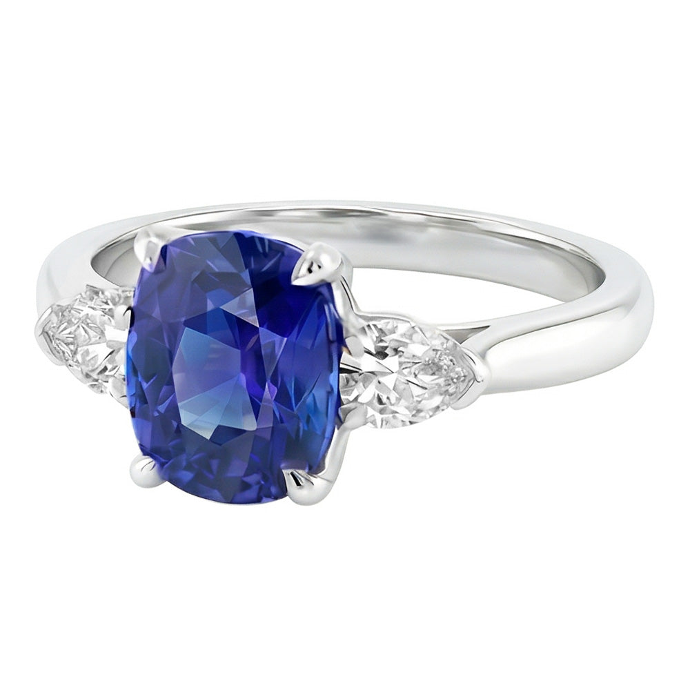 Natürlicher Diamant ( nicht im Labor gezüchtet ) 3 Stein Birne & Oval Blauer Saphir Ring 3 Karat Damenschmuck