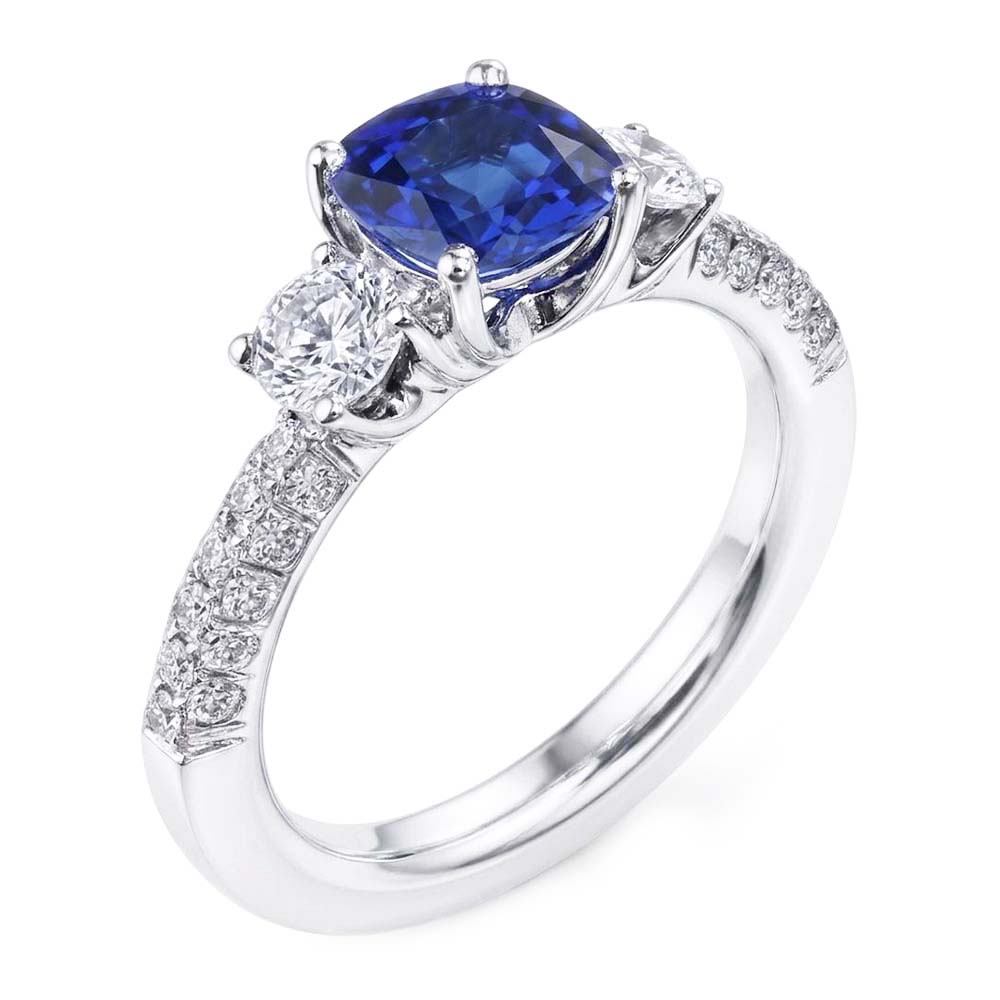 Natürlicher Diamant ( nicht im Labor gezüchtet ) 3 Steine Stil Kissen Sri Lanka Saphir Ring 3,50 Karat
