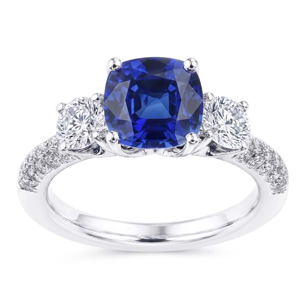 Natürlicher Diamant ( nicht im Labor gezüchtet ) 3 Steine Stil Kissen Sri Lanka Saphir Ring 3,50 Karat