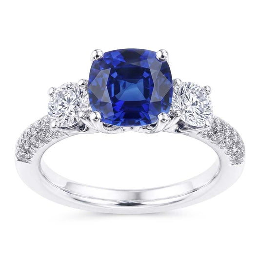 Natürlicher Diamant ( nicht im Labor gezüchtet ) 3 Steine Stil Kissen Sri Lanka Saphir Ring 3,50 Karat