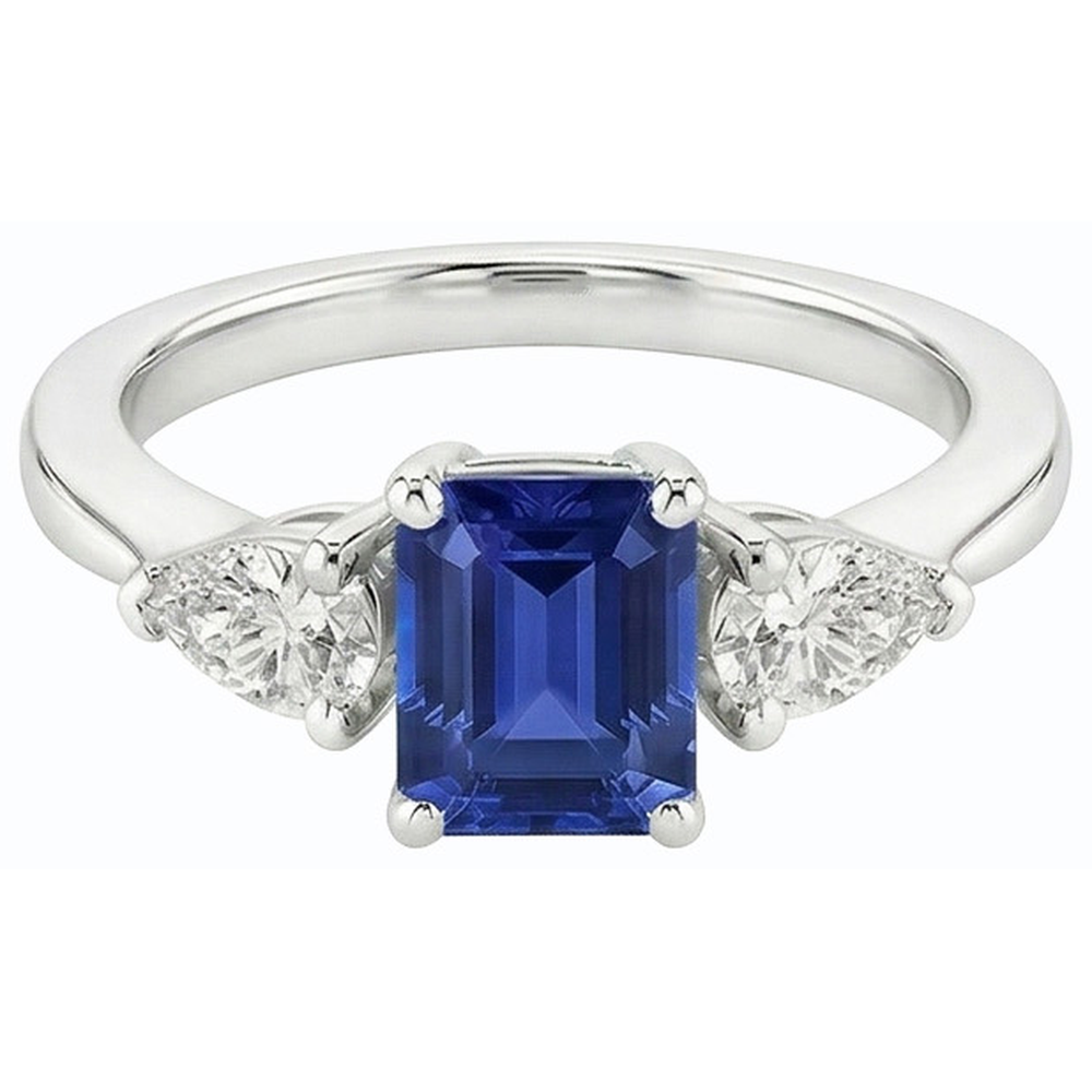Natürlicher Diamant ( nicht im Labor gezüchtet )-Drei-Steine-Ring in Smaragd Shaped Deep Blue Saphir 2,50 Karat
