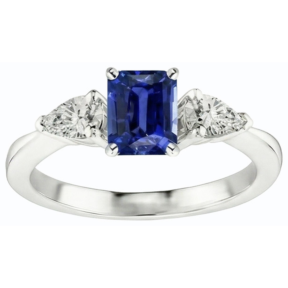 Natürlicher Diamant ( nicht im Labor gezüchtet )-Drei-Steine-Ring in Smaragd Shaped Deep Blue Saphir 2,50 Karat