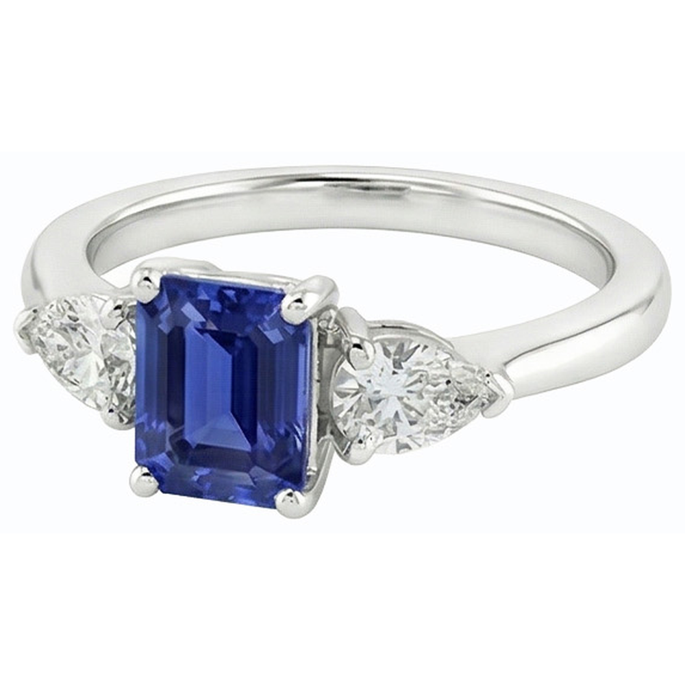 Natürlicher Diamant ( nicht im Labor gezüchtet )-Drei-Steine-Ring in Smaragd Shaped Deep Blue Saphir 2,50 Karat