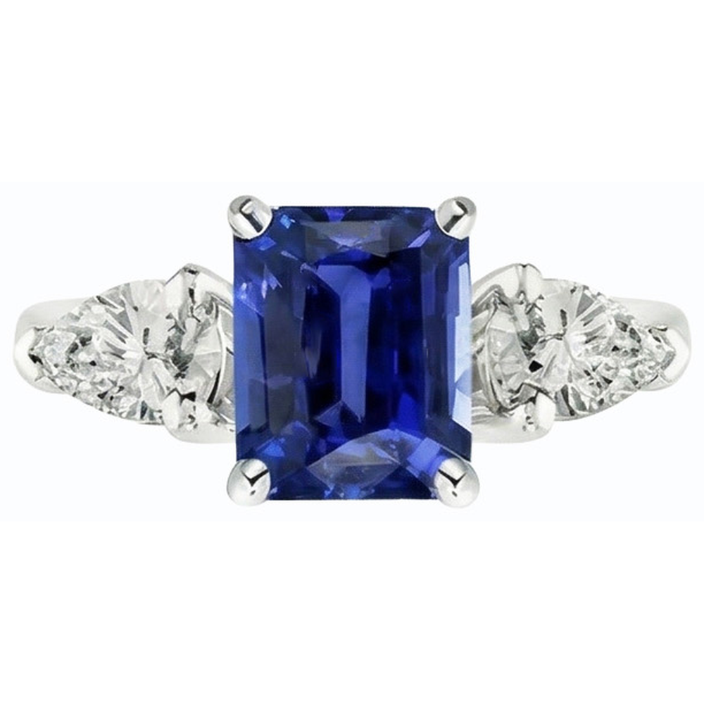 Natürlicher Diamant ( nicht im Labor gezüchtet )-Drei-Steine-Ring in Smaragd Shaped Deep Blue Saphir 2,50 Karat