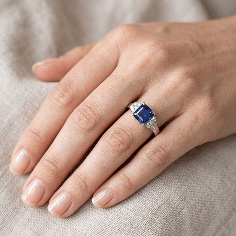 Natürlicher Diamant ( nicht im Labor gezüchtet ) Fancy Ring Asscher Schliff Saphir Edelstein 3 Karat Zinken Set