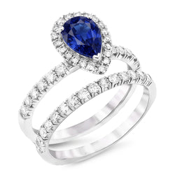 Natürlicher Diamant ( nicht im Labor gezüchtet ) Halo Birne Sri Lanka Saphir Ehering Set 2,50 Karat