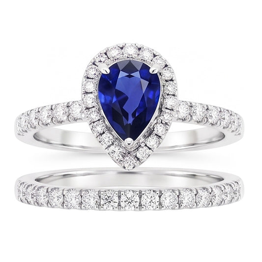 Natürlicher Diamant ( nicht im Labor gezüchtet ) Halo Birne Sri Lanka Saphir Ehering Set 2,50 Karat