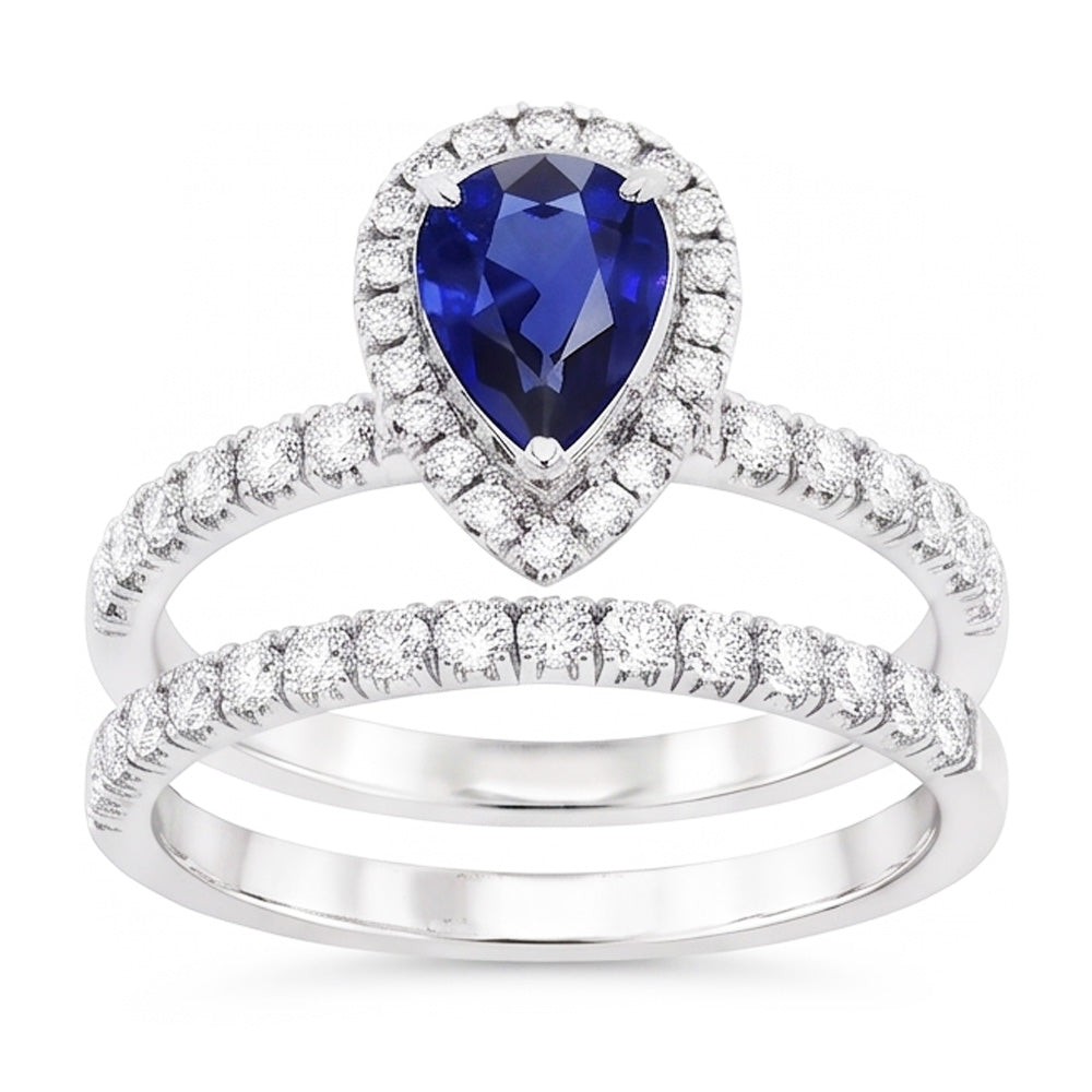 Natürlicher Diamant ( nicht im Labor gezüchtet ) Halo Birne Sri Lanka Saphir Ehering Set 2,50 Karat