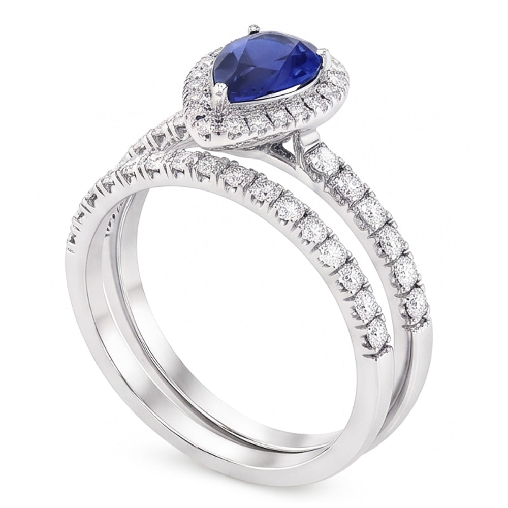 Natürlicher Diamant ( nicht im Labor gezüchtet ) Halo Birne Sri Lanka Saphir Ehering Set 2,50 Karat