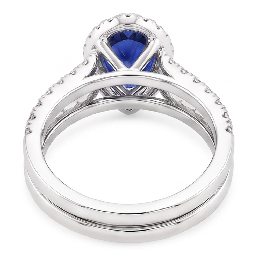 Natürlicher Diamant ( nicht im Labor gezüchtet ) Halo Birne Sri Lanka Saphir Ehering Set 2,50 Karat