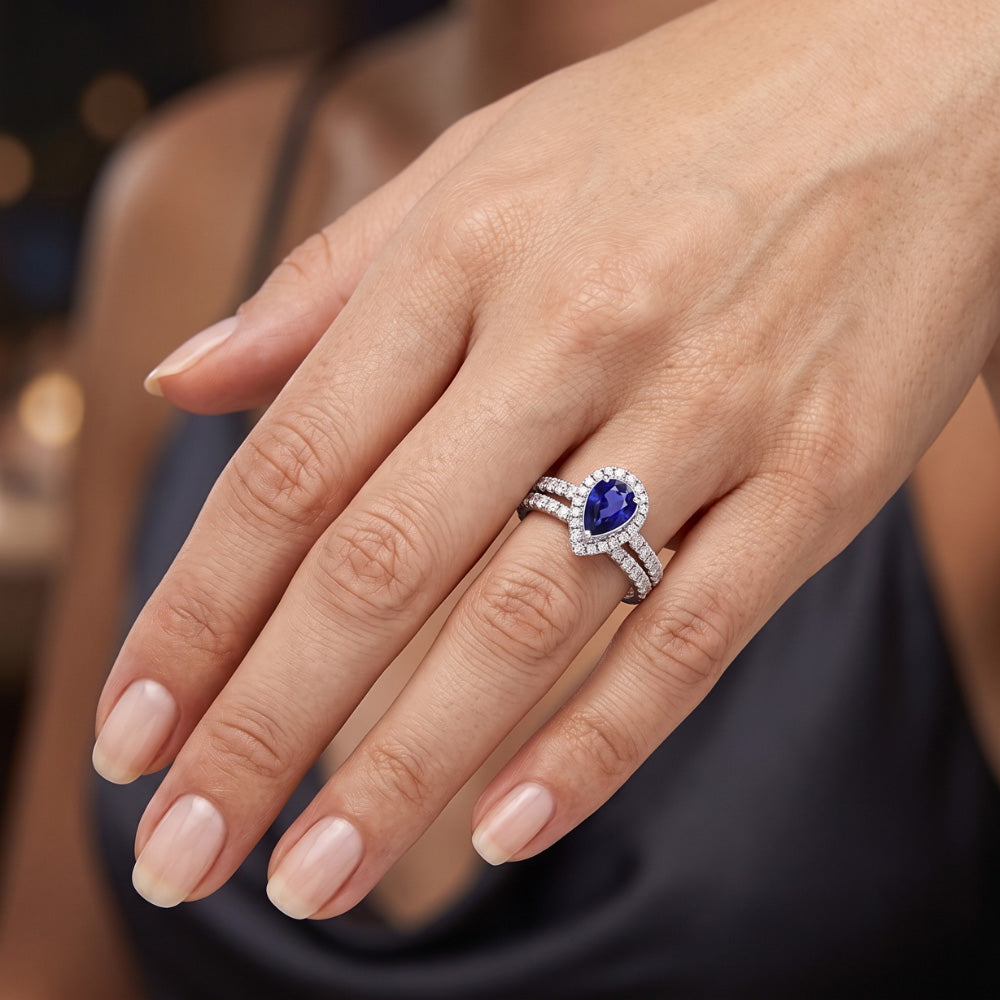 Natürlicher Diamant ( nicht im Labor gezüchtet ) Halo Birne Sri Lanka Saphir Ehering Set 2,50 Karat