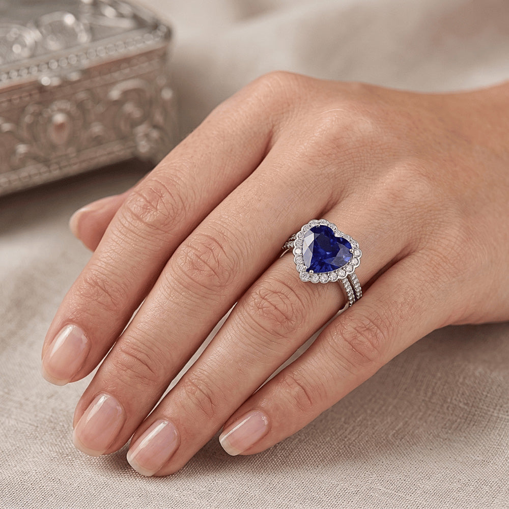 Natürlicher Diamant ( nicht im Labor gezüchtet ) Halo Heart Ceylon Saphir Ring Doppelschaft 5 Karat