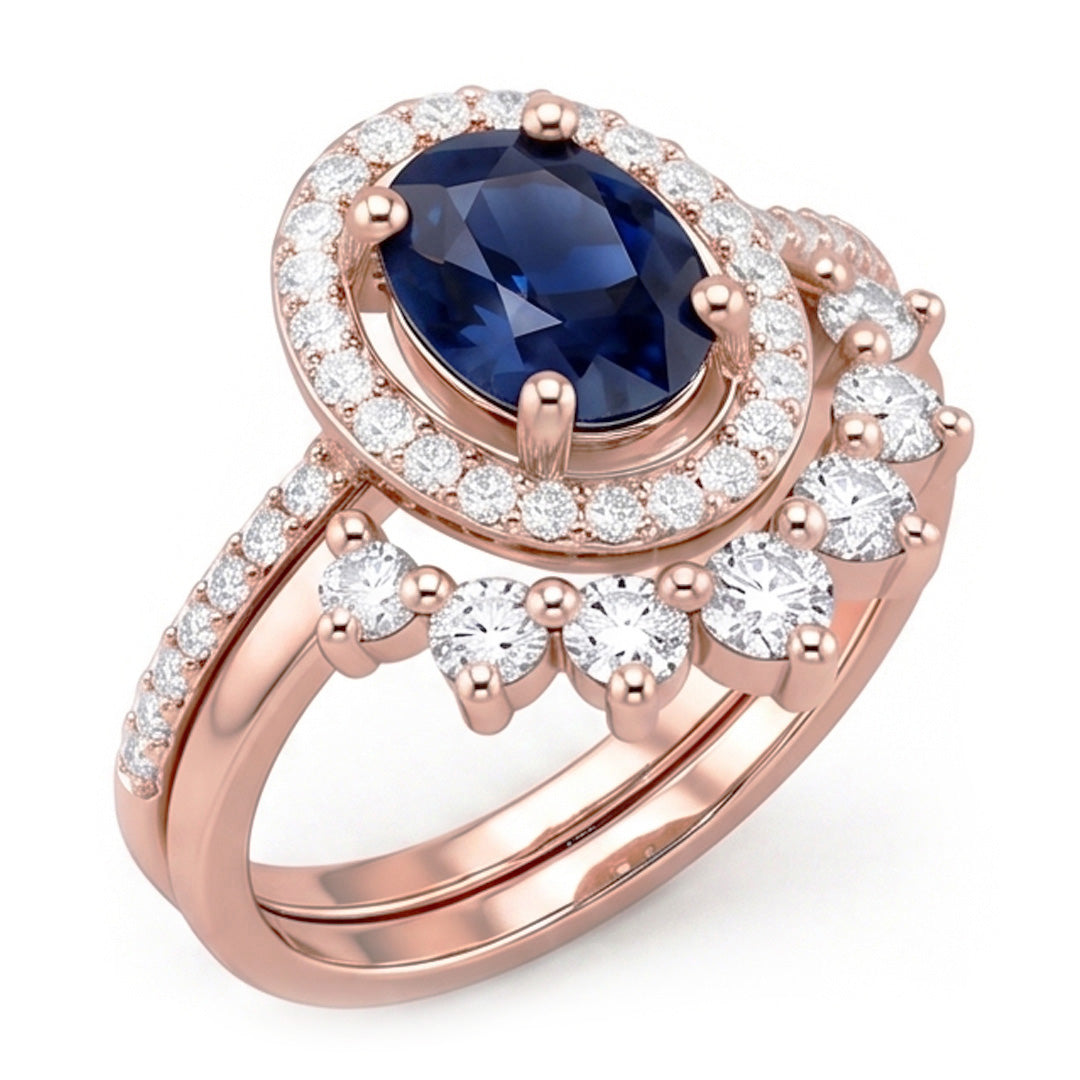 Natürlicher Diamant ( nicht im Labor gezüchtet ) Halo Oval Verlobungsring Set Blauer Saphir 3,50 Karat Gold