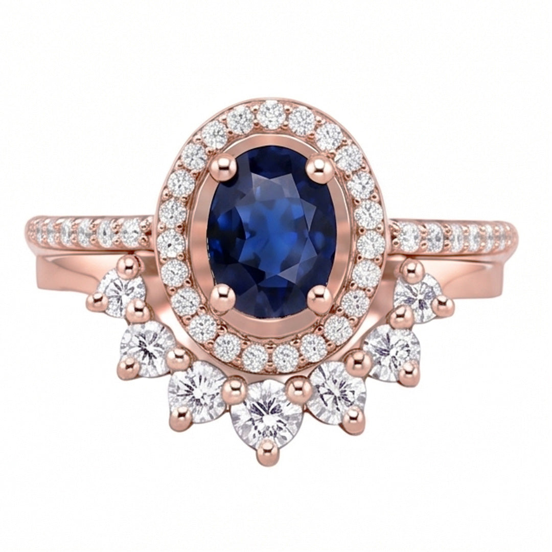 Natürlicher Diamant ( nicht im Labor gezüchtet ) Halo Oval Verlobungsring Set Blauer Saphir 3,50 Karat Gold