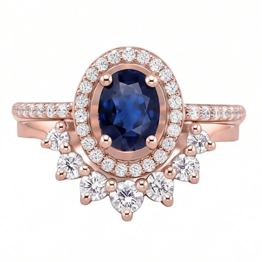 Natürlicher Diamant ( nicht im Labor gezüchtet ) Halo Oval Verlobungsring Set Blauer Saphir 3,50 Karat Gold