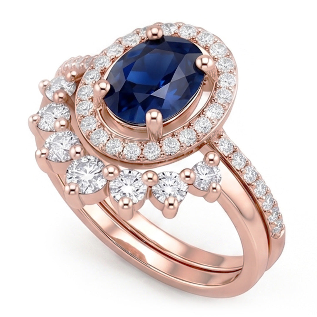 Natürlicher Diamant ( nicht im Labor gezüchtet ) Halo Oval Verlobungsring Set Blauer Saphir 3,50 Karat Gold