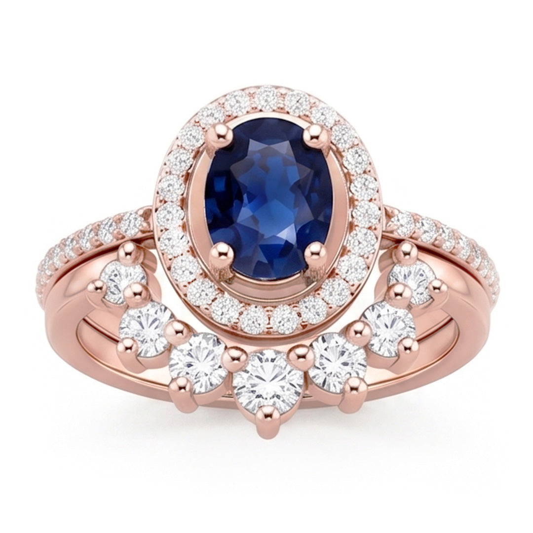 Natürlicher Diamant ( nicht im Labor gezüchtet ) Halo Oval Verlobungsring Set Blauer Saphir 3,50 Karat Gold