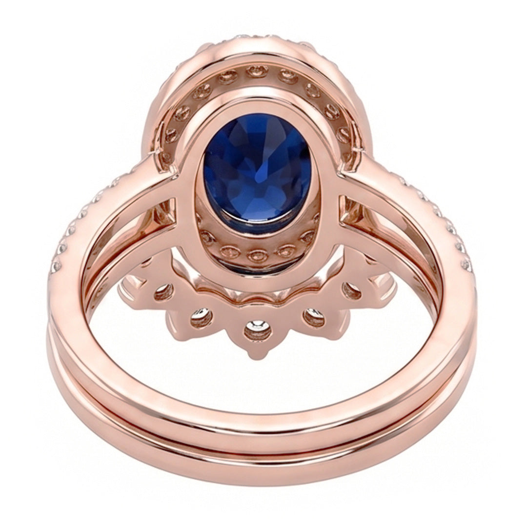 Natürlicher Diamant ( nicht im Labor gezüchtet ) Halo Oval Verlobungsring Set Blauer Saphir 3,50 Karat Gold