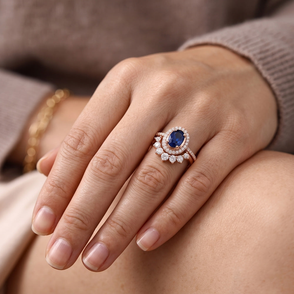 Natürlicher Diamant ( nicht im Labor gezüchtet ) Halo Oval Verlobungsring Set Blauer Saphir 3,50 Karat Gold