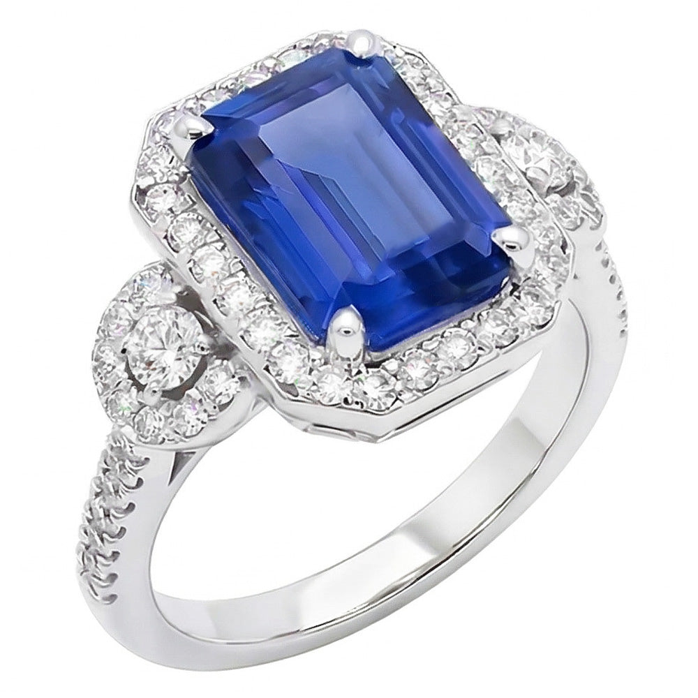 Natürlicher Diamant ( nicht im Labor gezüchtet ) Halo Srilanka Saphir Smaragd Ring 3 Steine Stil 4,50 Karat