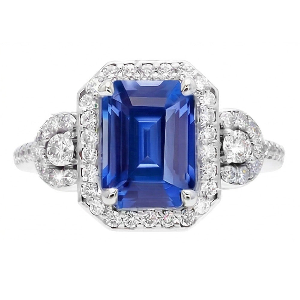 Natürlicher Diamant ( nicht im Labor gezüchtet ) Halo Srilanka Saphir Smaragd Ring 3 Steine Stil 4,50 Karat