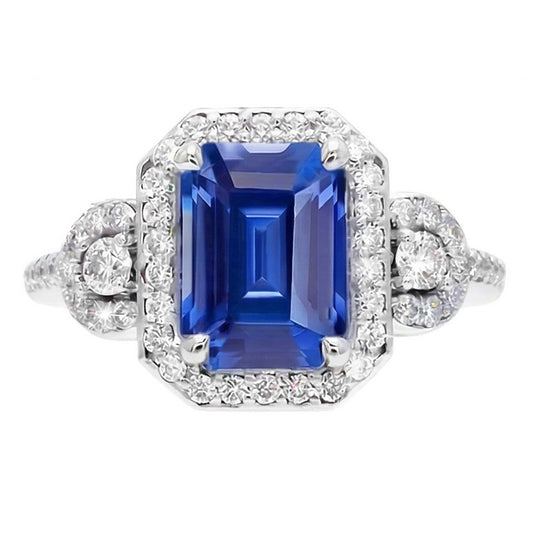 Natürlicher Diamant ( nicht im Labor gezüchtet ) Halo Srilanka Saphir Smaragd Ring 3 Steine Stil 4,50 Karat