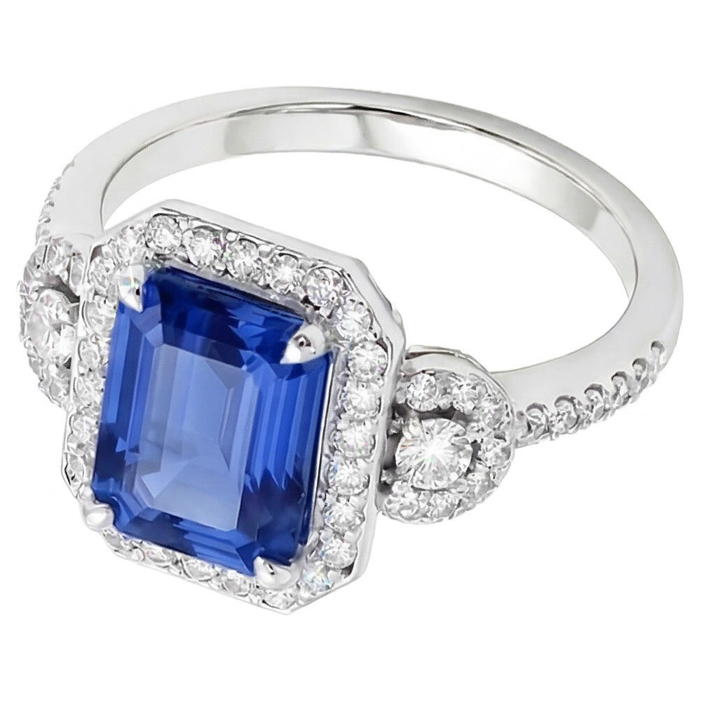 Natürlicher Diamant ( nicht im Labor gezüchtet ) Halo Srilanka Saphir Smaragd Ring 3 Steine Stil 4,50 Karat