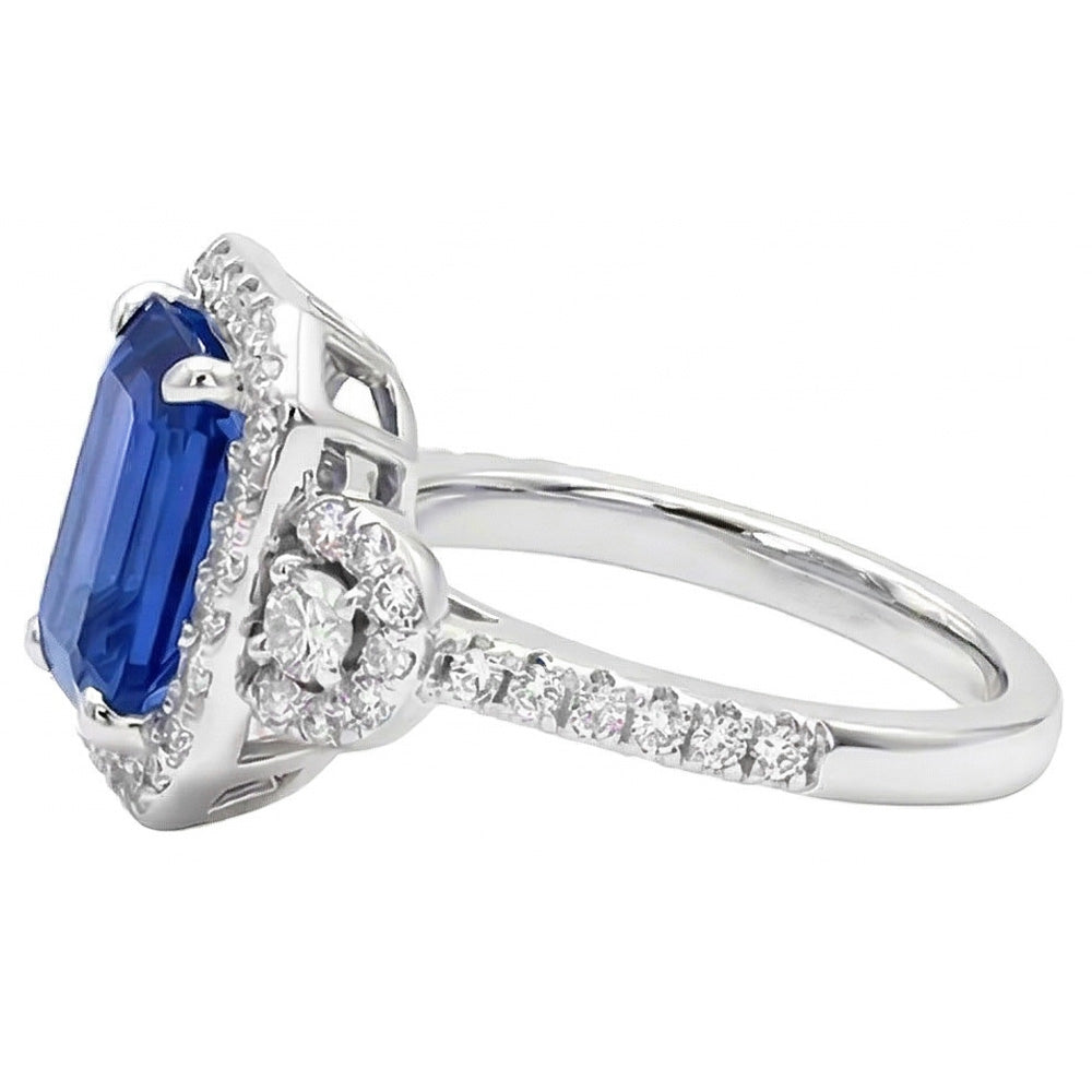 Natürlicher Diamant ( nicht im Labor gezüchtet ) Halo Srilanka Saphir Smaragd Ring 3 Steine Stil 4,50 Karat