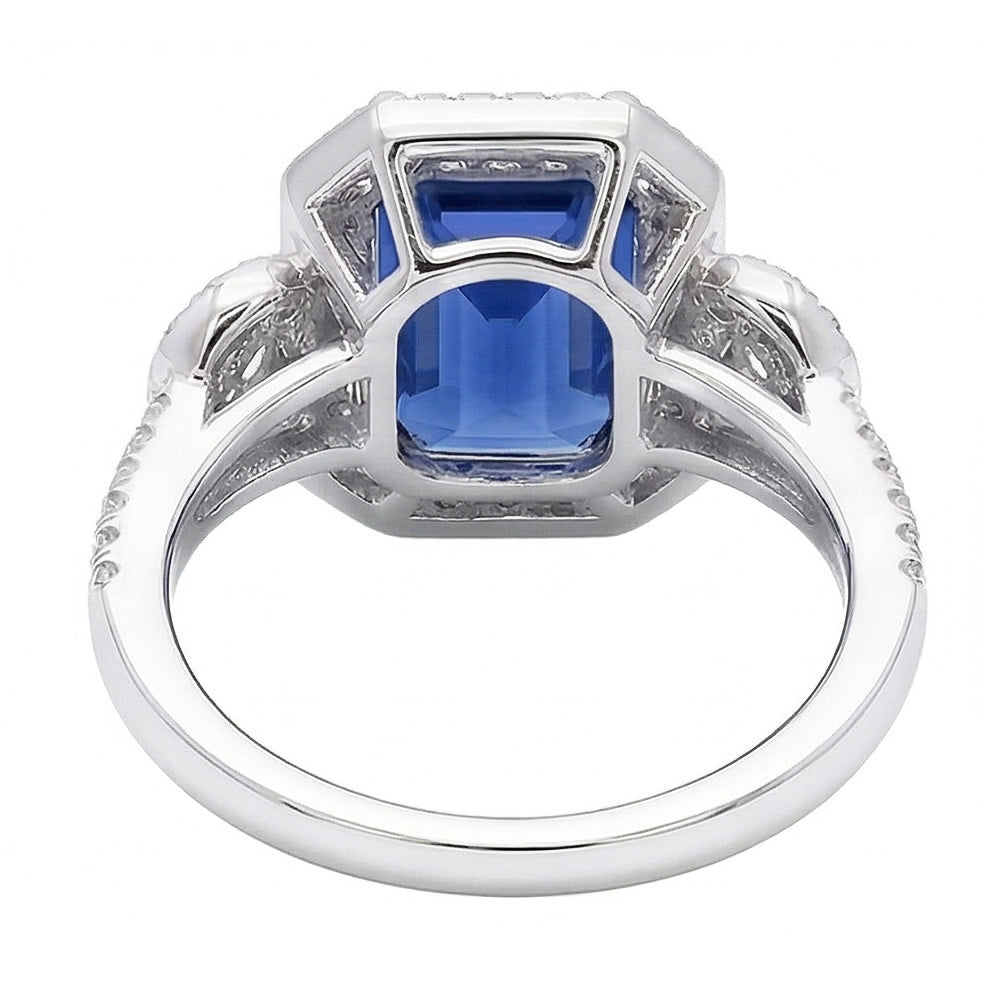 Natürlicher Diamant ( nicht im Labor gezüchtet ) Halo Srilanka Saphir Smaragd Ring 3 Steine Stil 4,50 Karat