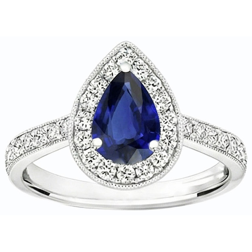 Natürlicher Diamant ( nicht im Labor gezüchtet ) Halo Verlobungsring Birne Srilanka Saphir 4,50 Karat