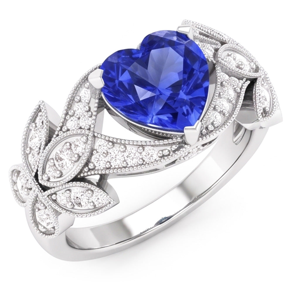 Natürlicher Diamant ( nicht im Labor gezüchtet )-Jubiläums-Herz-Blauer Saphir-Ring Antik-Stil 2.50 Karat