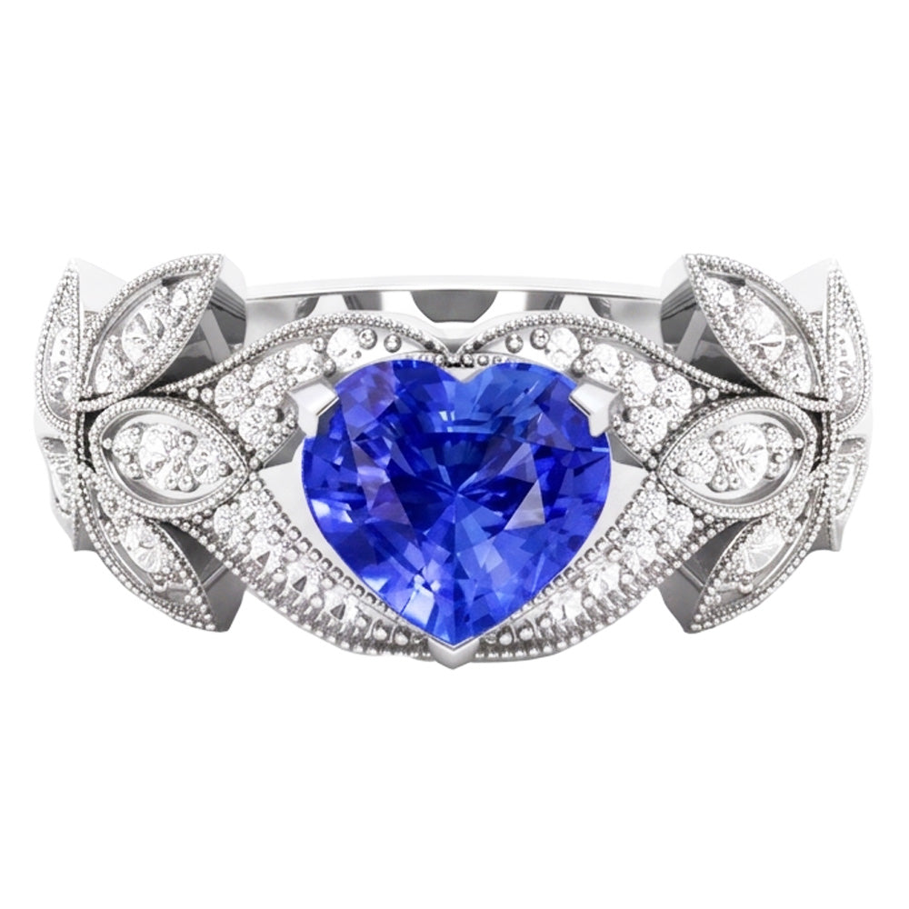 Natürlicher Diamant ( nicht im Labor gezüchtet )-Jubiläums-Herz-Blauer Saphir-Ring Antik-Stil 2.50 Karat