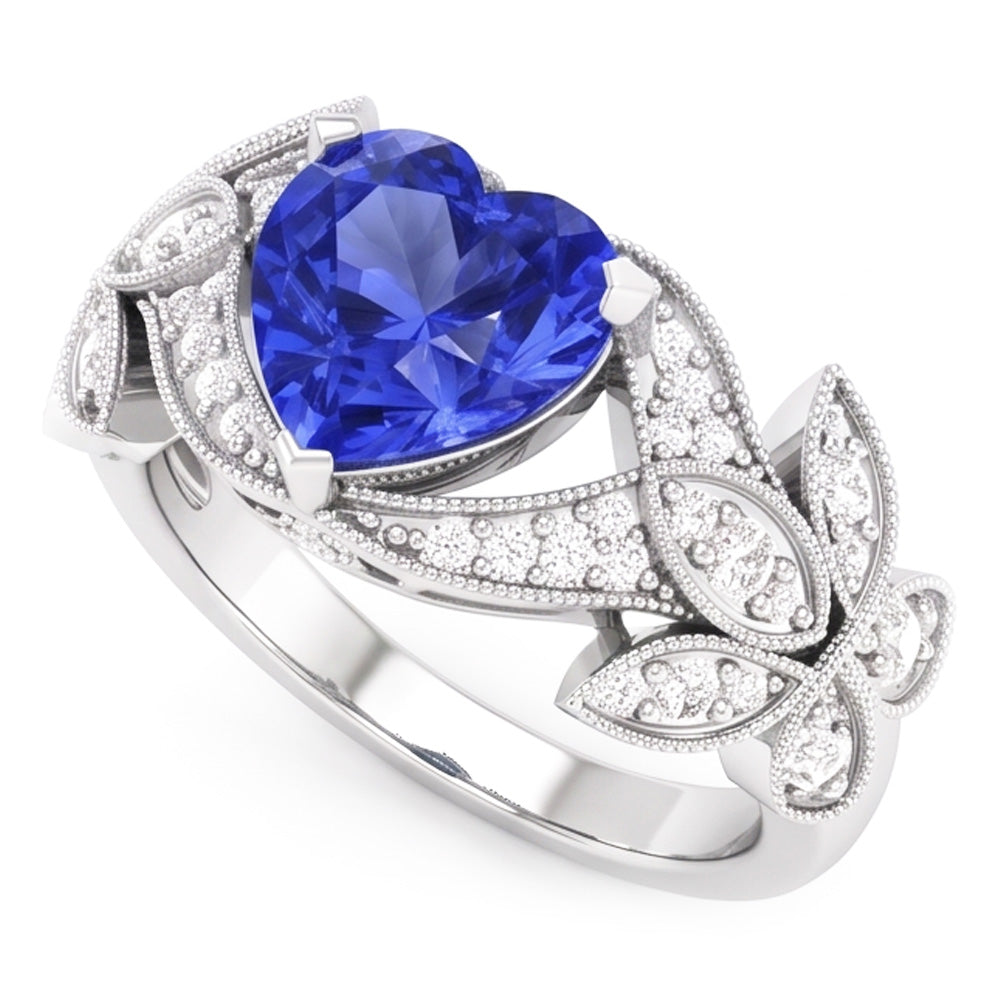 Natürlicher Diamant ( nicht im Labor gezüchtet )-Jubiläums-Herz-Blauer Saphir-Ring Antik-Stil 2.50 Karat