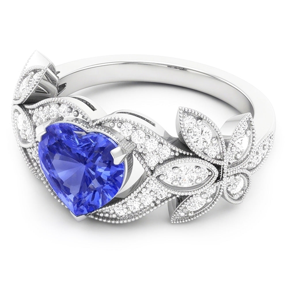 Natürlicher Diamant ( nicht im Labor gezüchtet )-Jubiläums-Herz-Blauer Saphir-Ring Antik-Stil 2.50 Karat