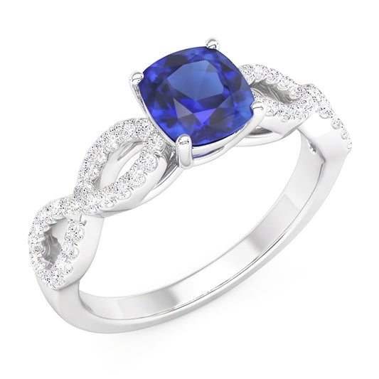 Natürlicher Diamant ( nicht im Labor gezüchtet ) Kissen Blauer Saphir Edelstein Ring Infinity Style 3 Karat