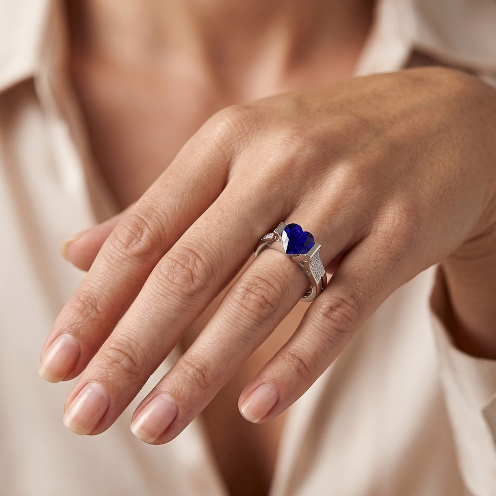 Natürlicher Diamant ( nicht im Labor gezüchtet )-Verlobungsring Heart Bar Set Blauer Saphir 2,50 Karat