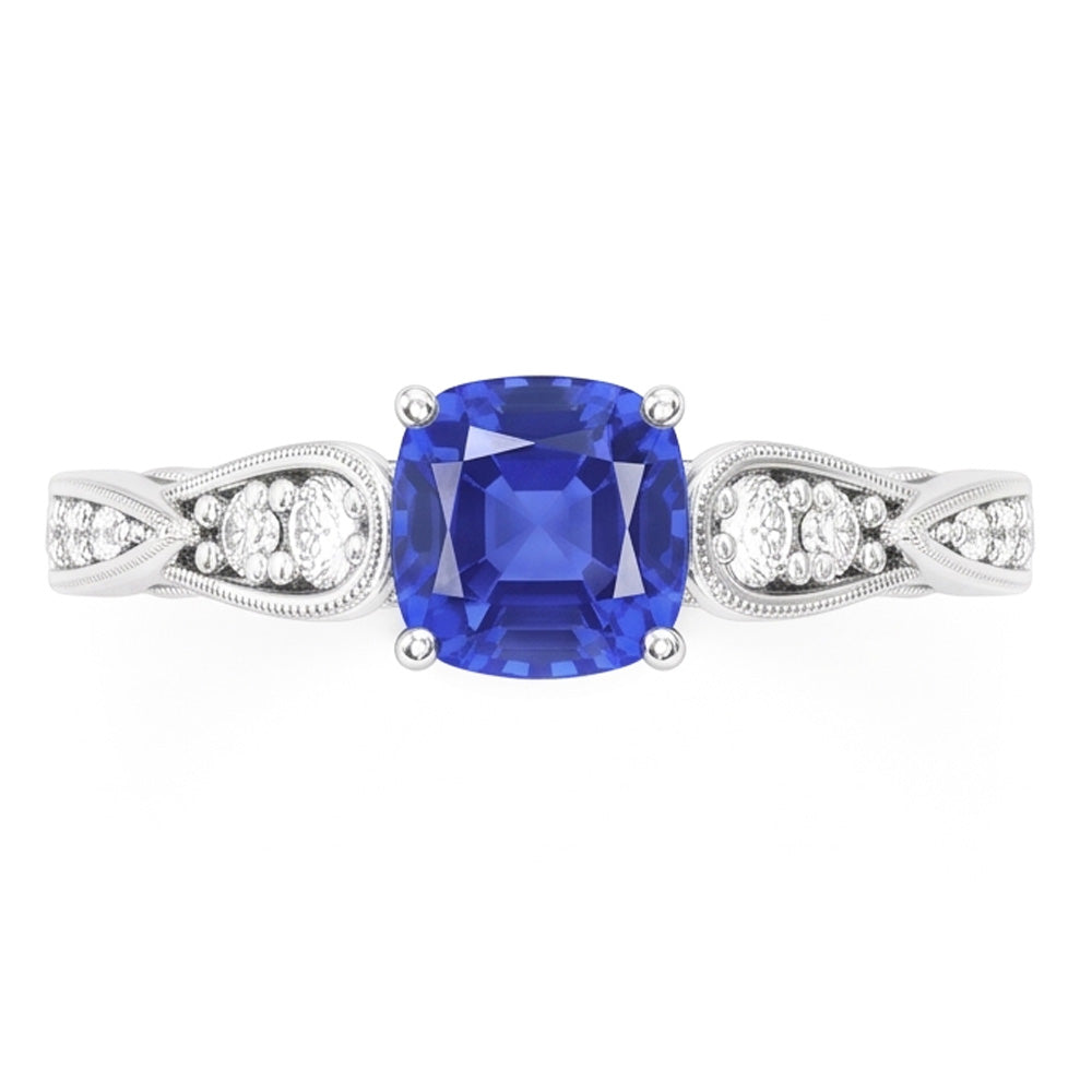 Natürlicher Diamant ( nicht im Labor gezüchtet ) Verlobungsring Kissen Saphir 2.50 Karat Vintage Style