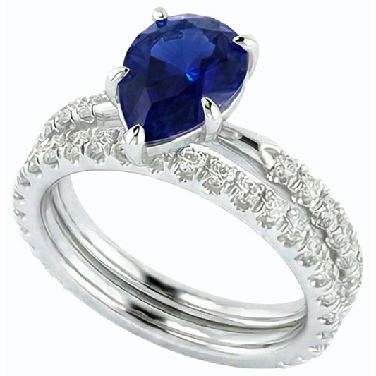 Natürlicher Diamant ( nicht im Labor gezüchtet )-Verlobungsring-Set Birne Sri Lanka Saphir 3,50 Karat