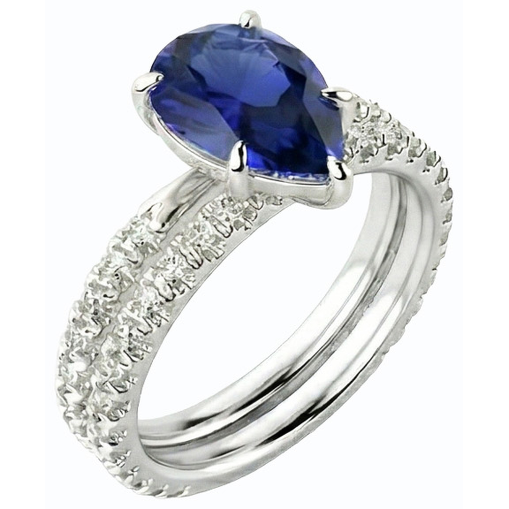 Natürlicher Diamant ( nicht im Labor gezüchtet )-Verlobungsring-Set Birne Sri Lanka Saphir 3,50 Karat