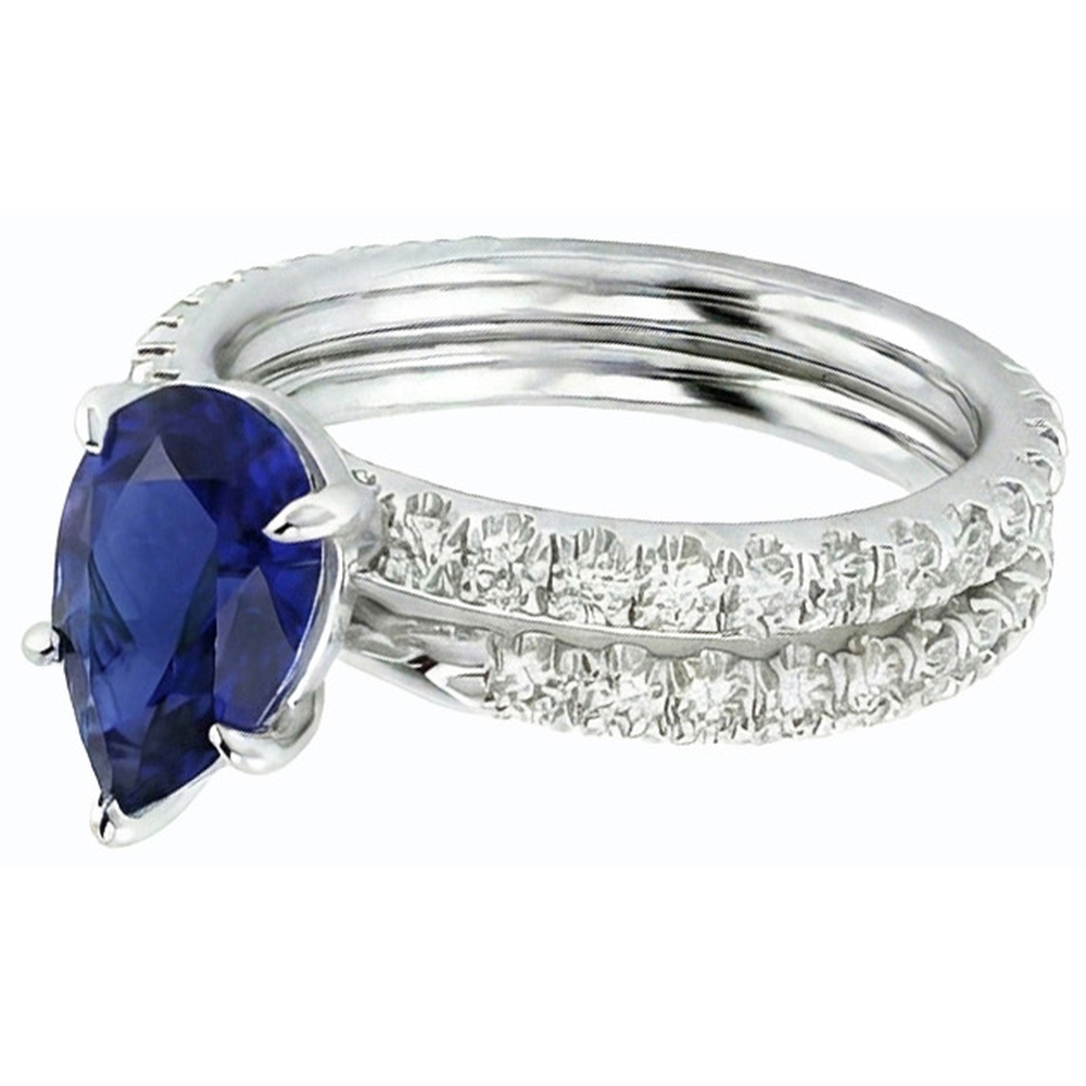 Natürlicher Diamant ( nicht im Labor gezüchtet )-Verlobungsring-Set Birne Sri Lanka Saphir 3,50 Karat