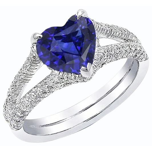 Natürlicher Diamant ( nicht im Labor gezüchtet )-Verlobungsring-Set Herzschliff Naturblauer Saphir 4 Karat