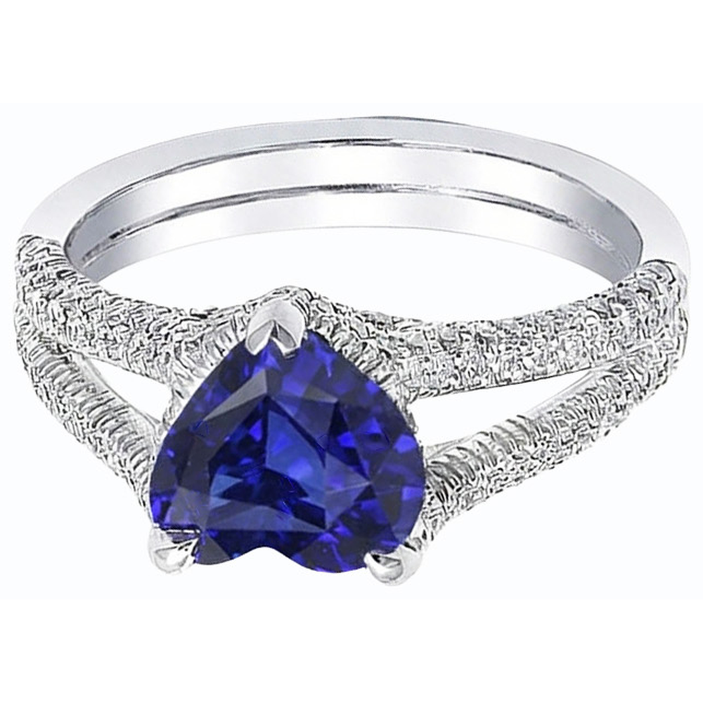 Natürlicher Diamant ( nicht im Labor gezüchtet )-Verlobungsring-Set Herzschliff Naturblauer Saphir 4 Karat