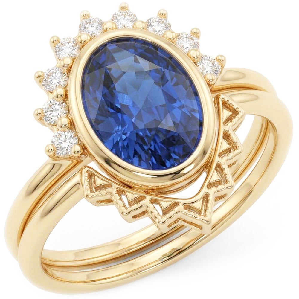 Natürlicher Diamant ( nicht im Labor gezüchtet )-Verlobungsring-Set Lünetten-Set Blauer Saphir 3 Karat